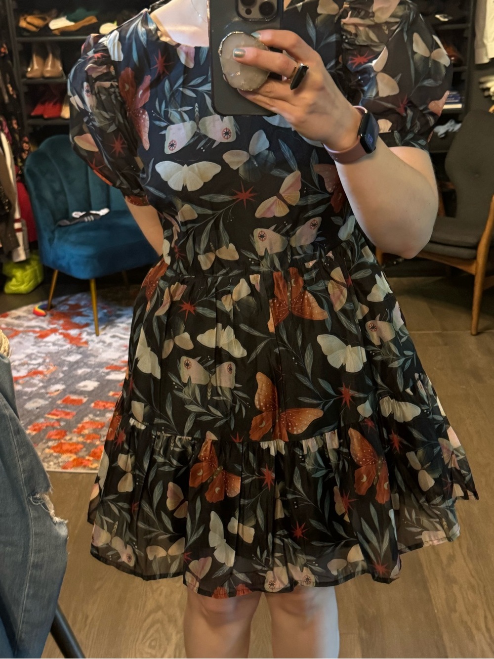 Disturbia Black Floral Puff-Sleeve Fit & Flare Dress 🖤🥀🦋 - Picture 5 of 13